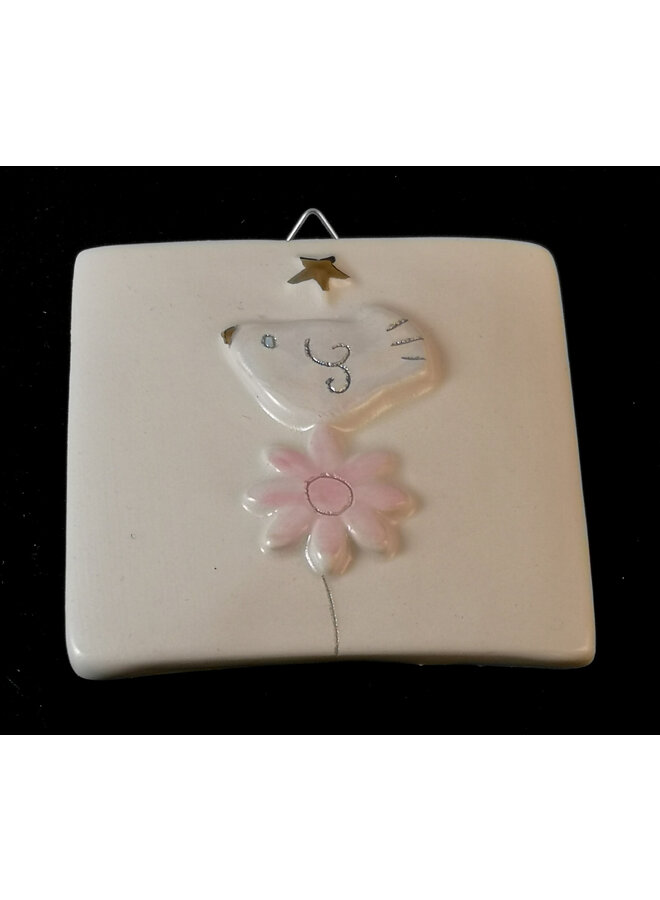 Vogel auf Blume, kleines Reliefkachel 035