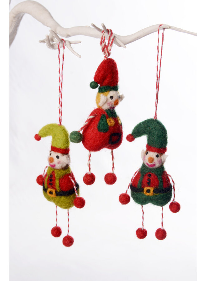 Dangling Elves light, mid, or dark green Felt Decoration 128