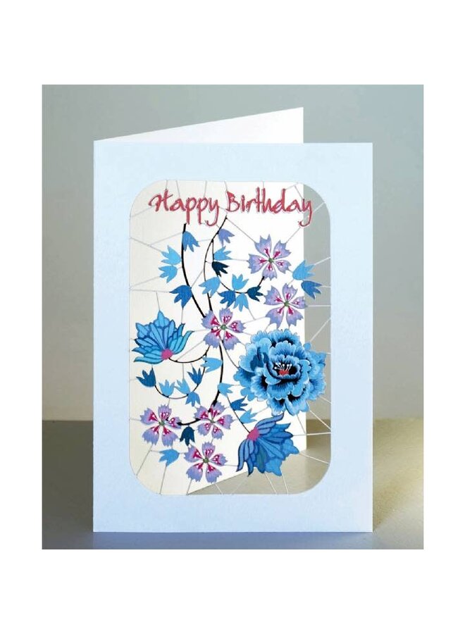 Happy Birthday Blue and Pink Flowers Laser Cut card