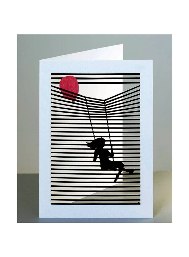 Girl on a Swing with Red Balloon  Laser Cut Card