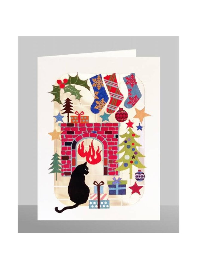 Xmas Cat in Front of a Fire  Laser Cut Card