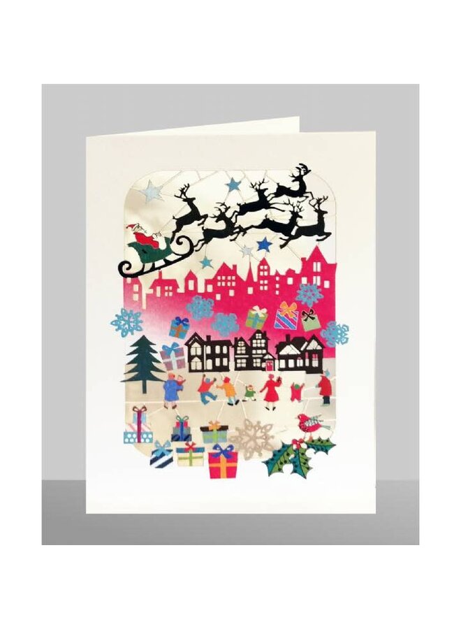 Xmas Santa over Rooftops Laser Cut Card