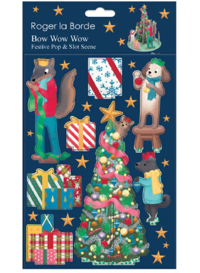 Escena festiva de pop y tragamonedas con perros decorando el árbol de Potter