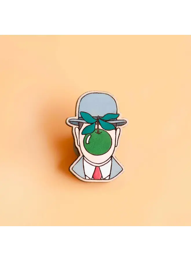Magrite Apple  Cherry Wood Pin Badge 01