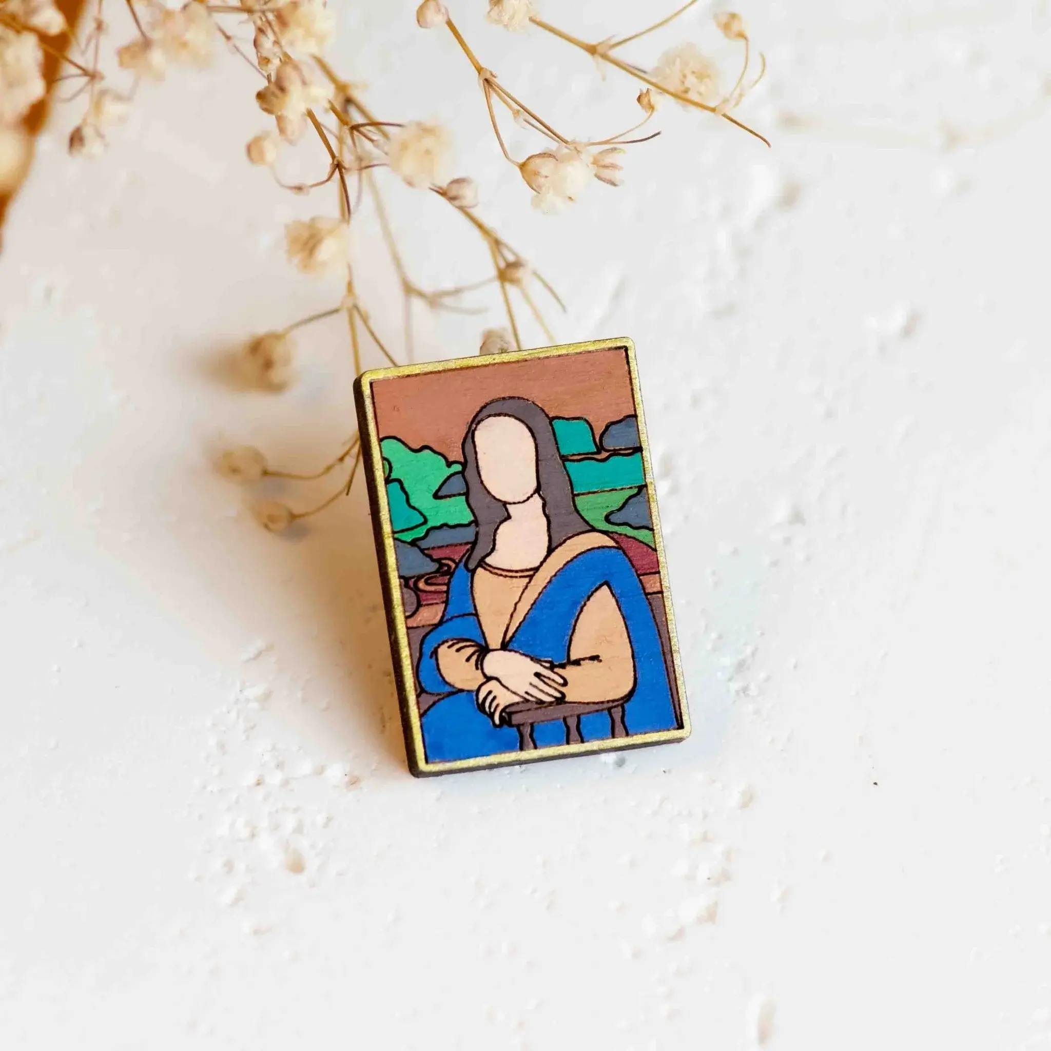 Mona Lisa Cherry Wood Pin Badge - Water Street Gallery
