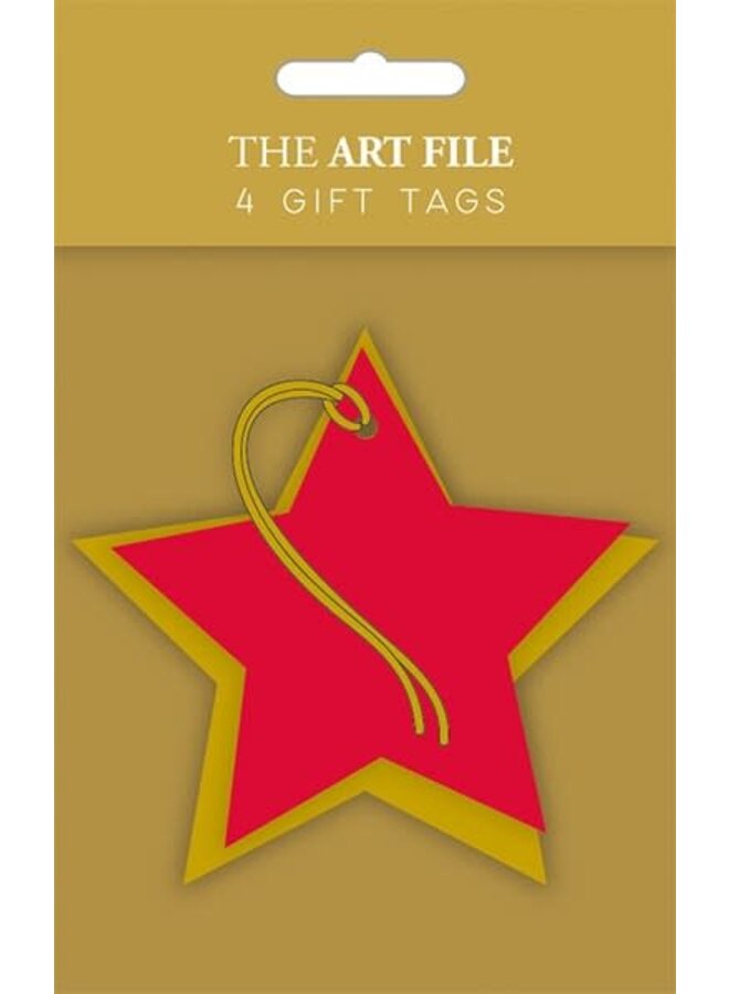 Red & Gold Double Star 4 Gift Tags with tie