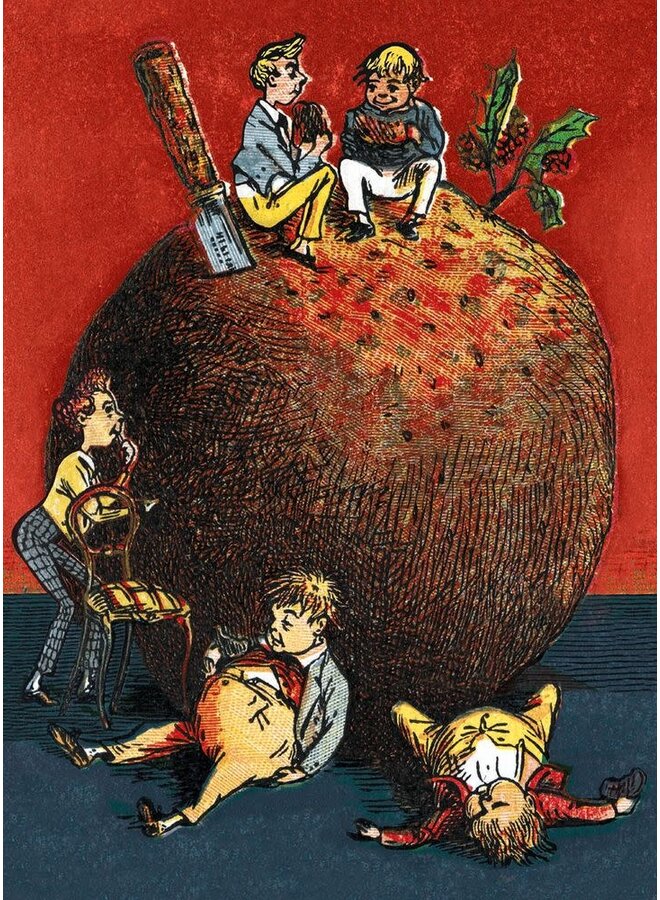 Pudín de Navidad de gran tamaño, comido por varios niños pequeños. Paquete de 8 tarjetas navideñas