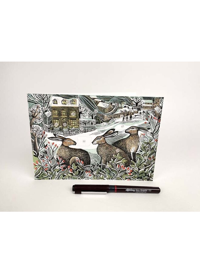 We Three Hares advent card by Angela Harding