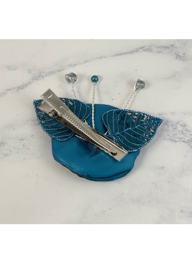 Flower Teal silk Hair Clip with leaves and beads 160