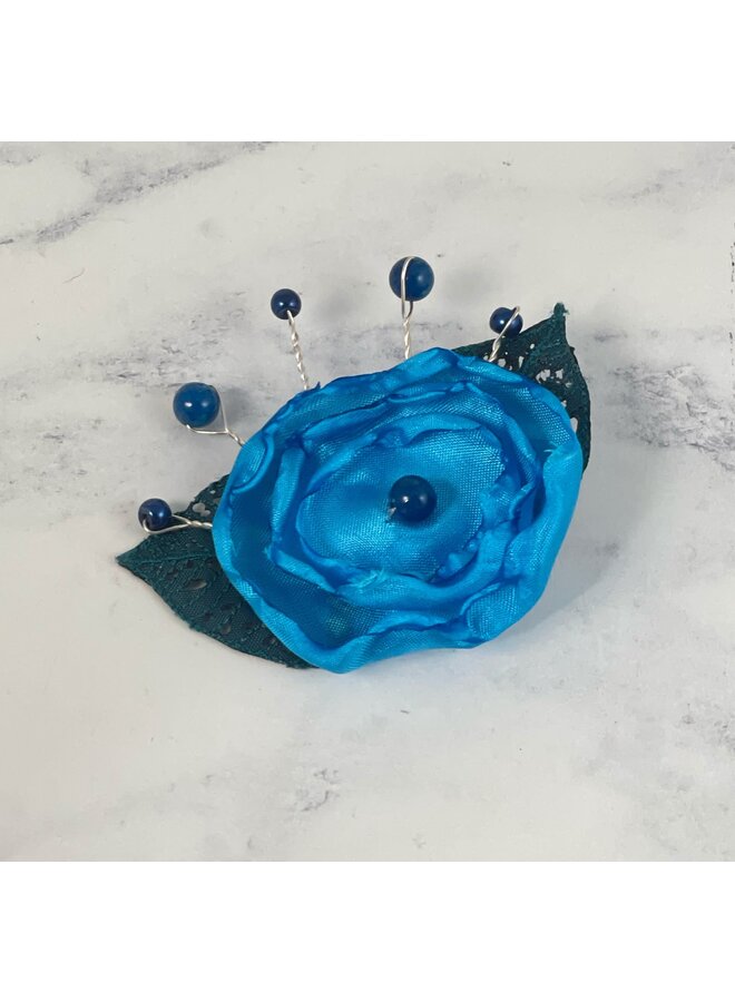 Flower Hair Clip Blue Silk with Embroidered leaf 157