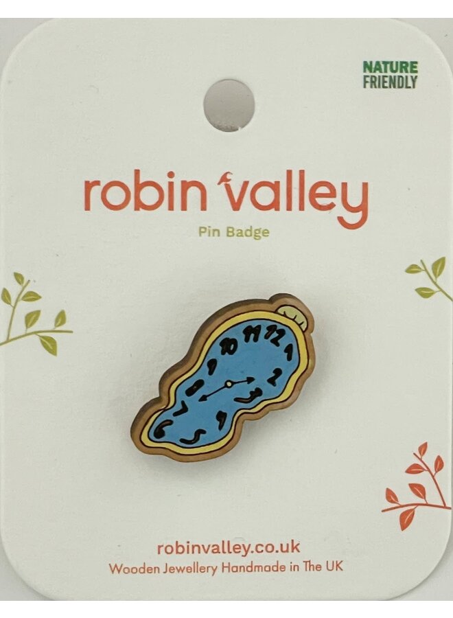 Melting Clock Cherry Wood Pin Badge 08