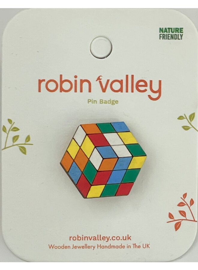Rubic Cube Cherry Wood Pin Badge 05