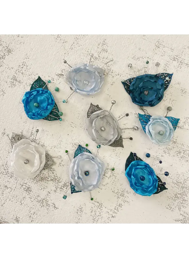 Flower Hair Clip Blue Silk with Embroidered leaf 157