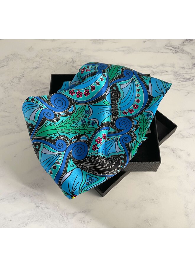 Blue Nouveaux Satin and Silk Scarf with magnetic clasp 90