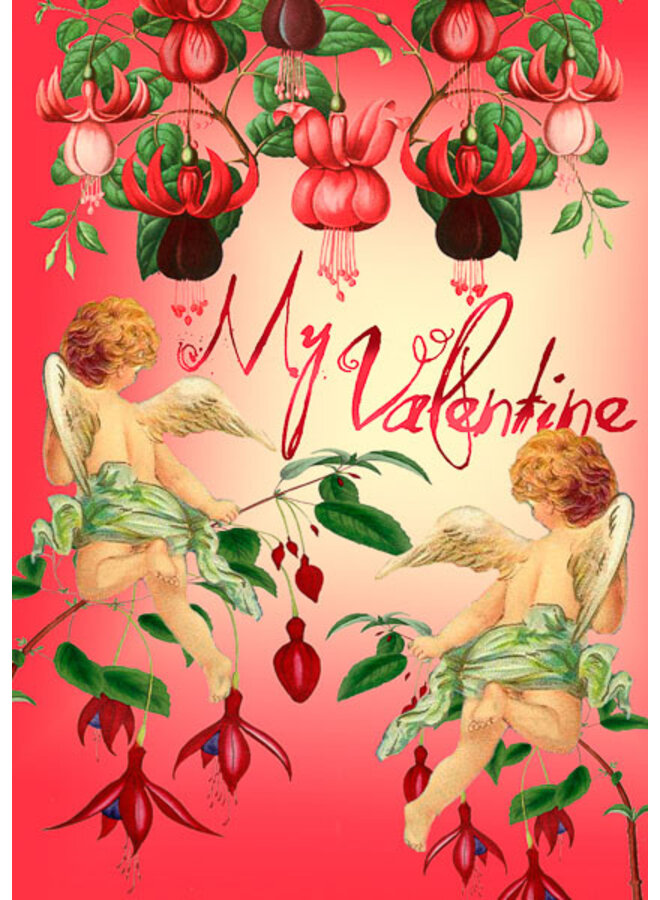 Tarjeta de felicitación con cupidos y purpurina fucsia