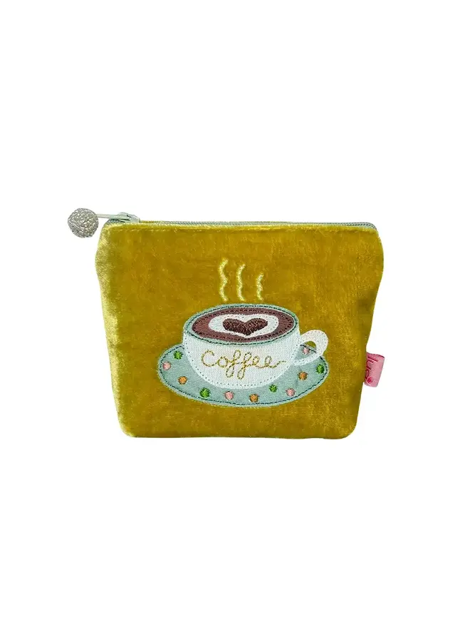 Kaffeebraune, senffarbene Mini-Geldbörse mit Samtapplikation 7459