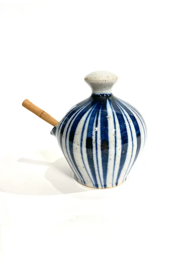 Pot à sel et cuillère en verre lustré fait main à rayures bleues 49