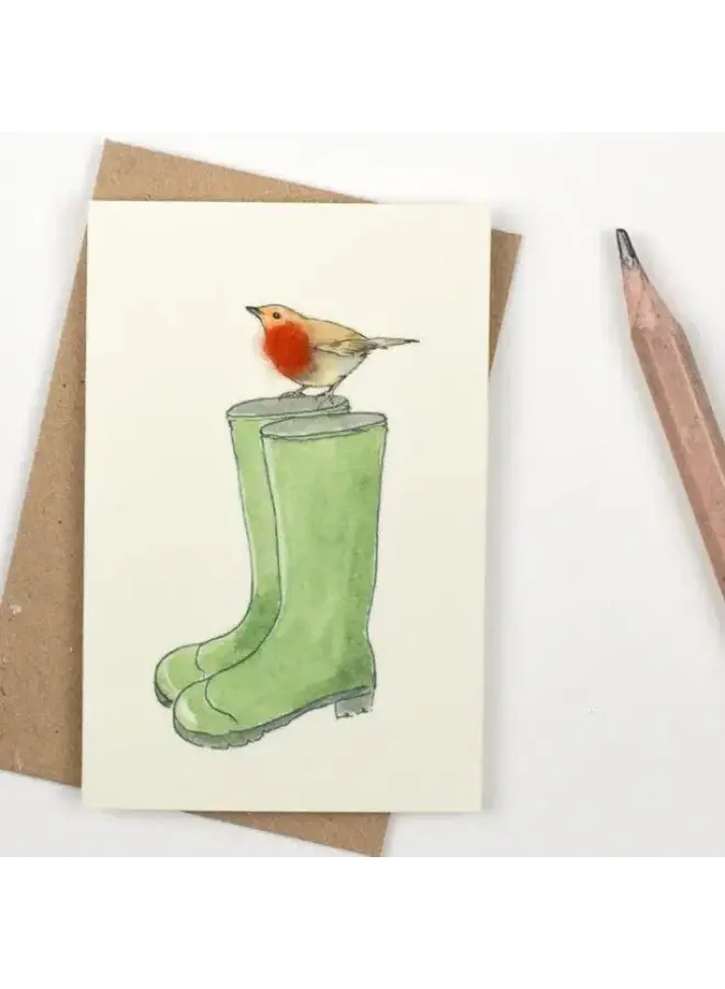 Mini carte 106 avec oiseau rouge-gorge et bottes en caoutchouc