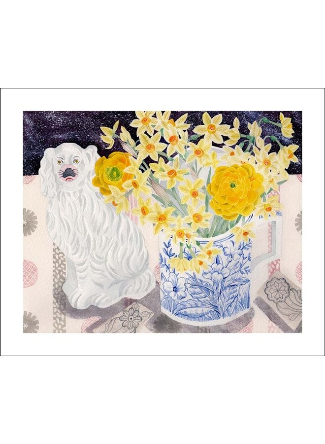 Spey Spring with White Dog printmakers card by Angie Lewin