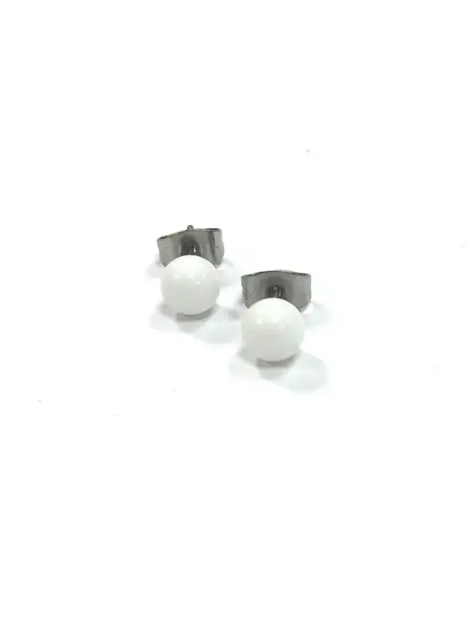 White Tiny Glass Round Stud Earring Hand Made 78