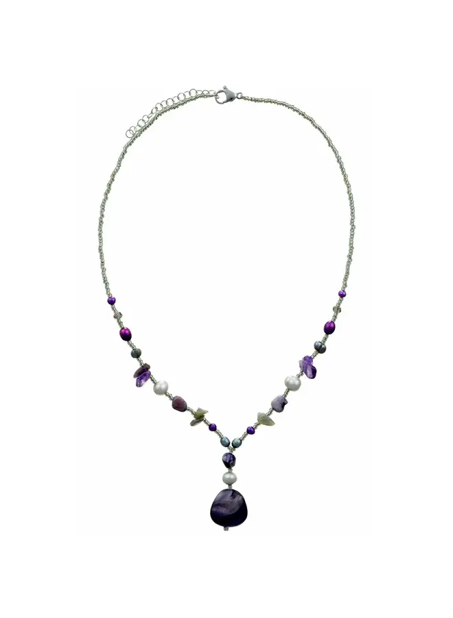 Shell Labradorite Brazillian Agate Freshwater Pearls Glass Beads Necklace 195