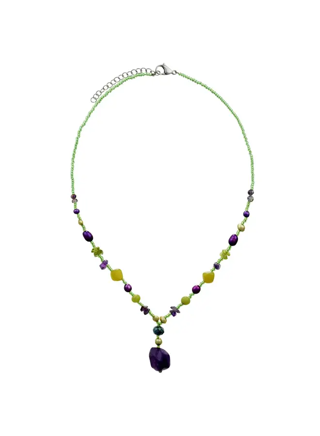 Amethyst, Green Jade, Olive Jade, Peridot, Freshwater Pearls, Glass Beads Necklace 196