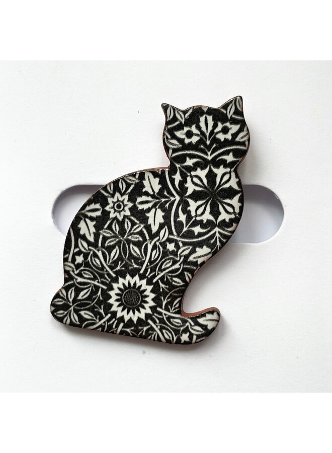 Broche de cerámica con estampado floral de gato negro 072