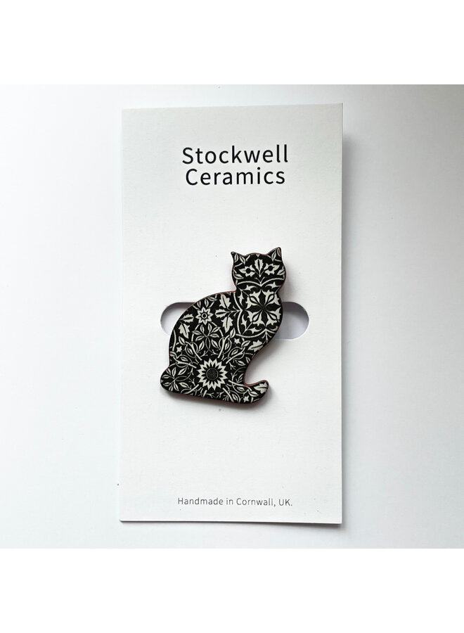 Broche de cerámica con estampado floral de gato negro 072