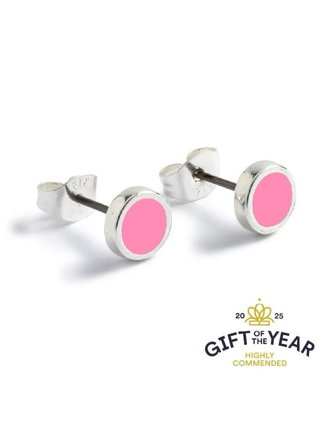 Pendientes redondos de plata y esmalte rosa claro 090