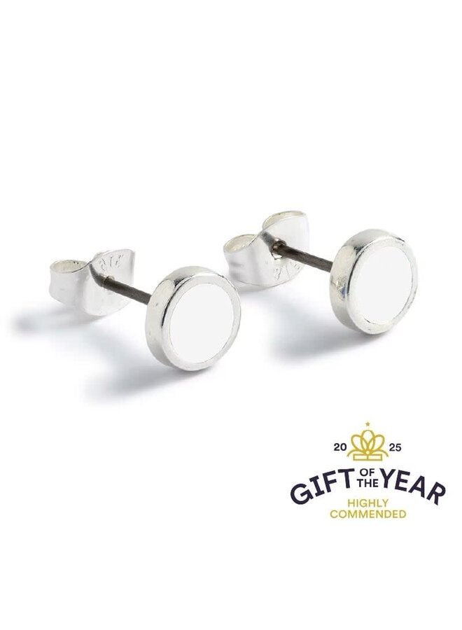 White Silver & Enamel Round Stud Earrings 087