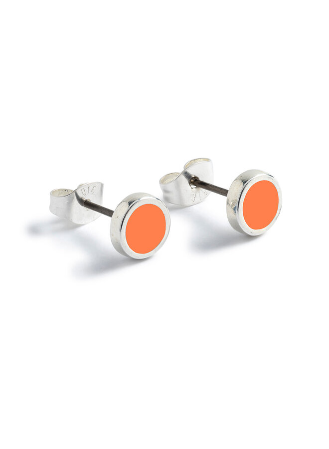 Bright Coral Silver & Enamel Round Stud Earrings 097