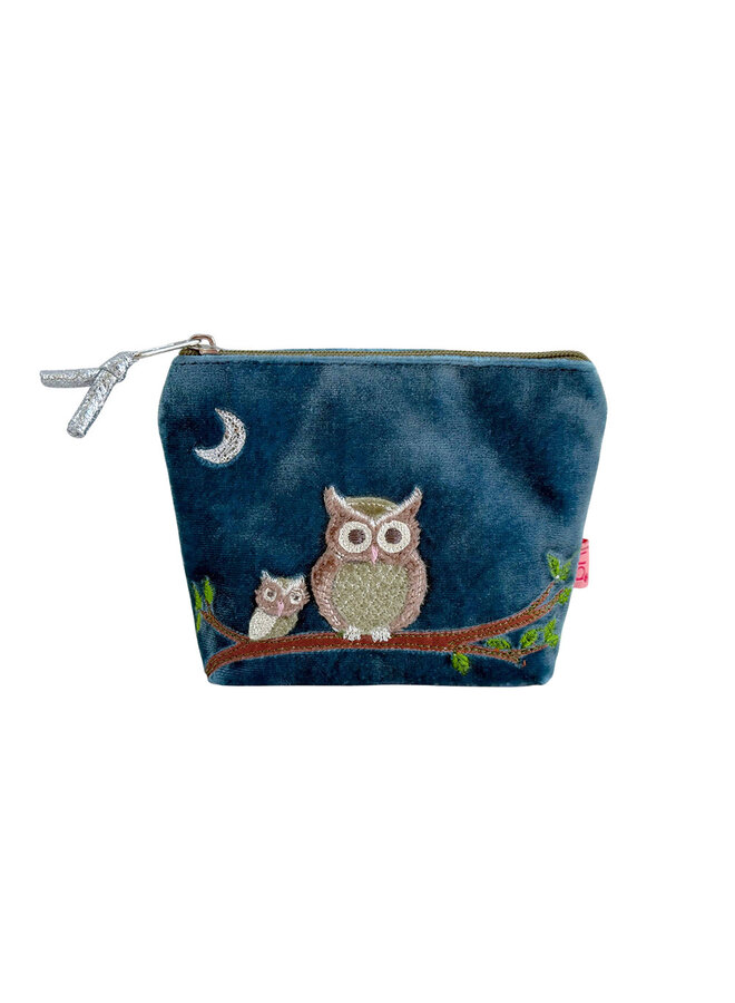 Owl Mini Coin Velvet & Applique Purse Bluee 50