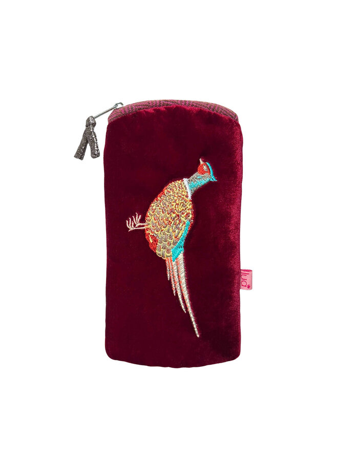 Pheasant Velvet Embroidered Glasses Purse Red 48