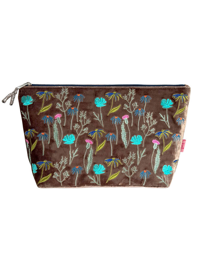 Meadow Embroidered Velvet Large Cosmetic Purse Mink 40