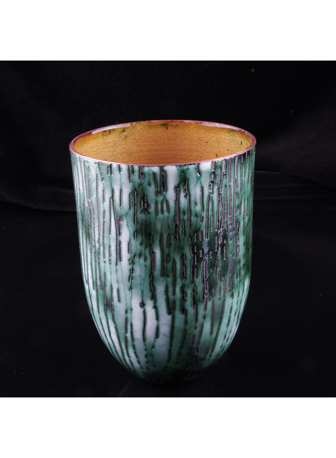 Green/Black and White Bark Design Enamelled Copper Tall Bowl 012