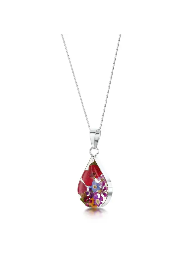 Teardrop Mixed Real Flowers Medium Pendant Silver 34