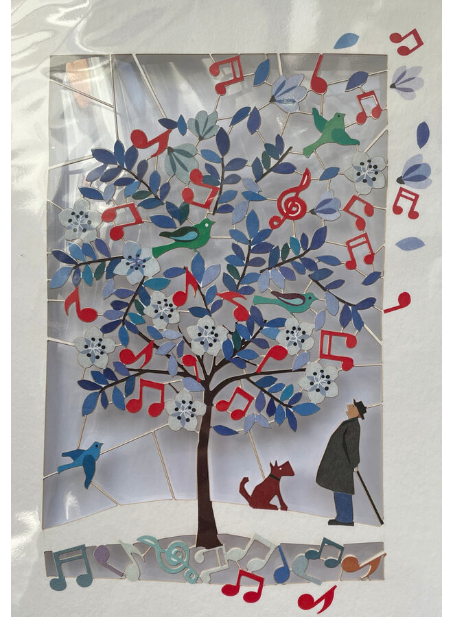 Tarjeta láser con árbol, hombre músico y perro