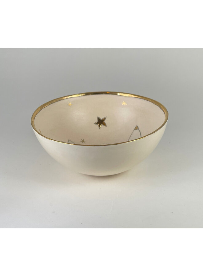 Paloma en una colina con estrellas doradas, cuenco pequeño de cerámica