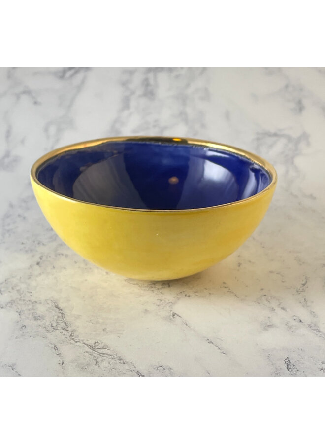 Sternblaue, gelbe und goldene Keramikschale, mittelgroß, 074