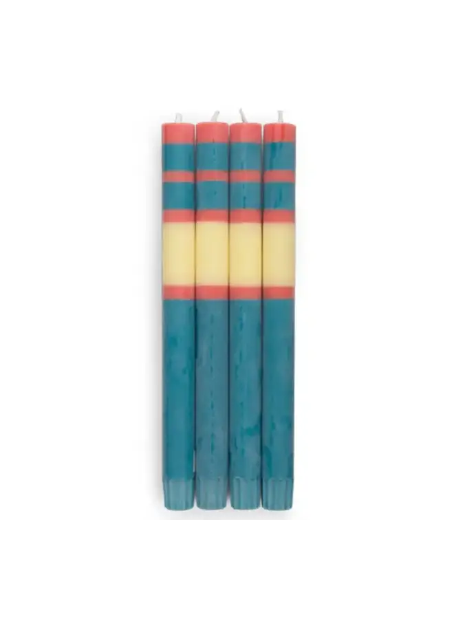 Bougies de table rayées aux couleurs variées - Jasmin, Rouille et Pétrole