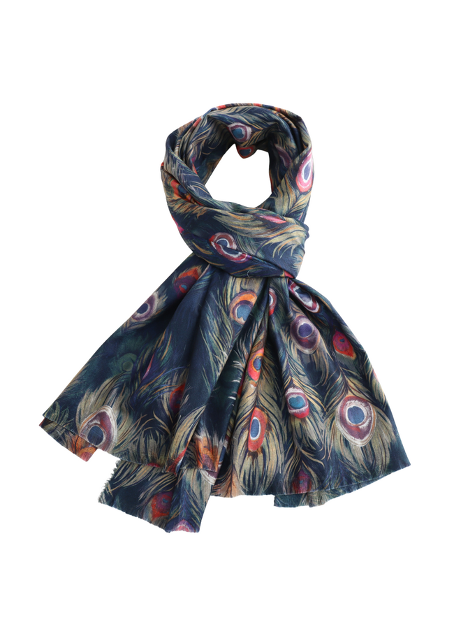 Écharpe large en coton bleu marine à motif plumes de paon