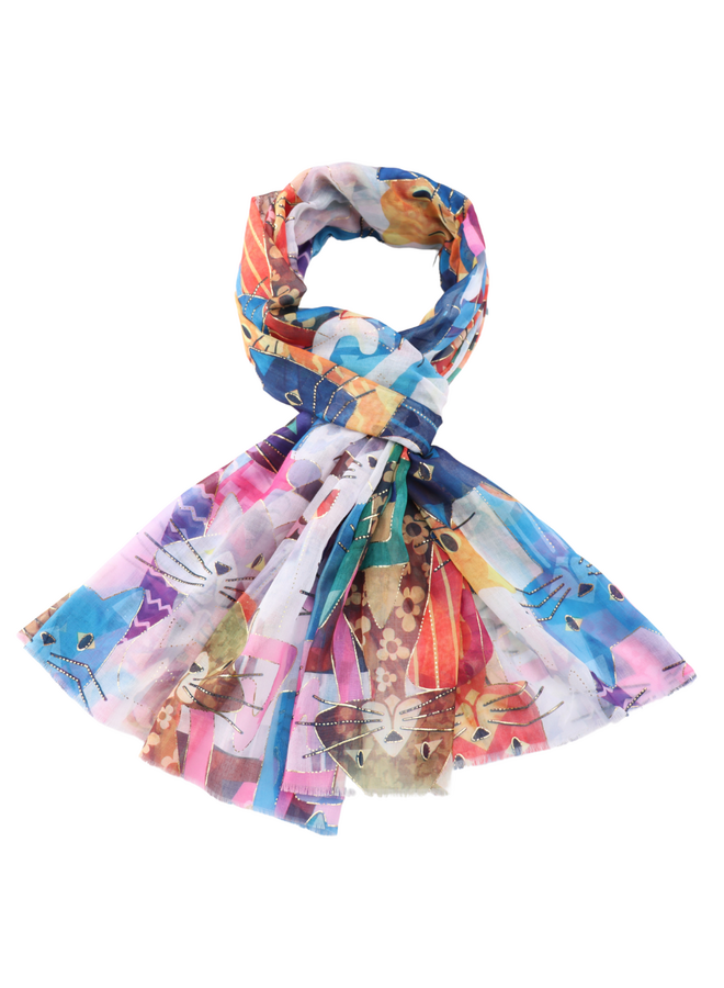 Écharpe grande taille en coton multicolore à motifs de chats dorés