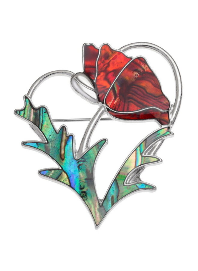 Broche en nacre naturelle et rouge Poppy et paua