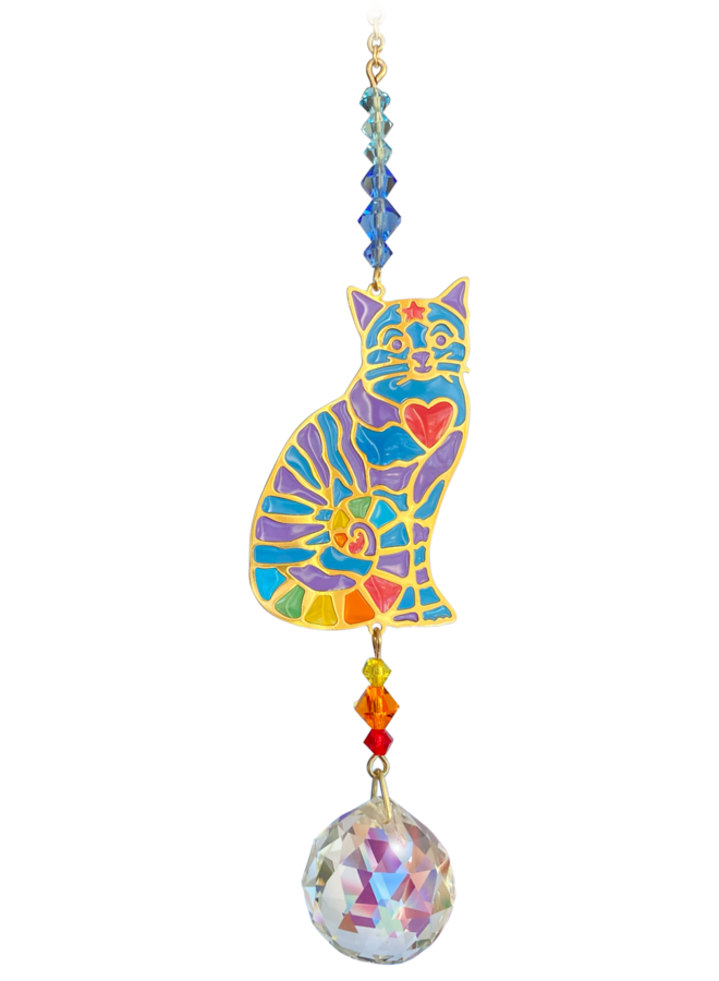 Decoración colgante de cristal arcoíris con forma de corazón de gato sentado