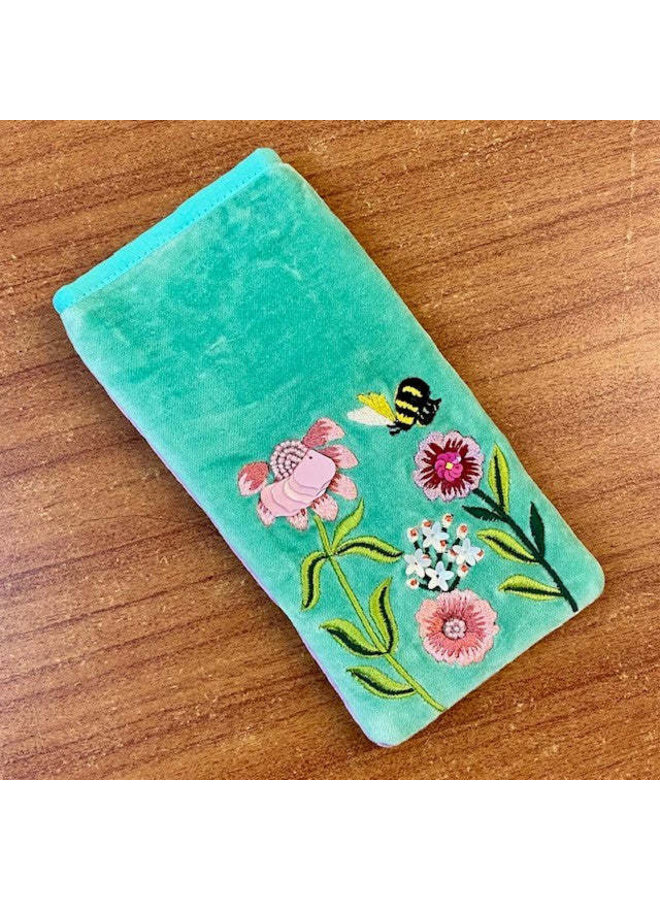 Monedero de terciopelo con diseño de flores y abejas, color menta 23