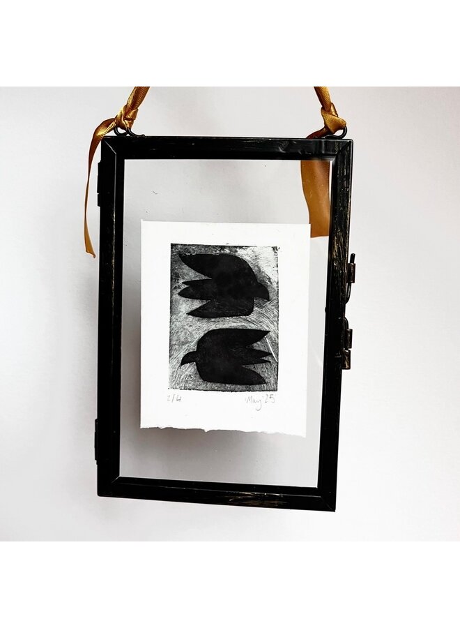 Birds in Flight Drypoint in hanging glass frame 2/4