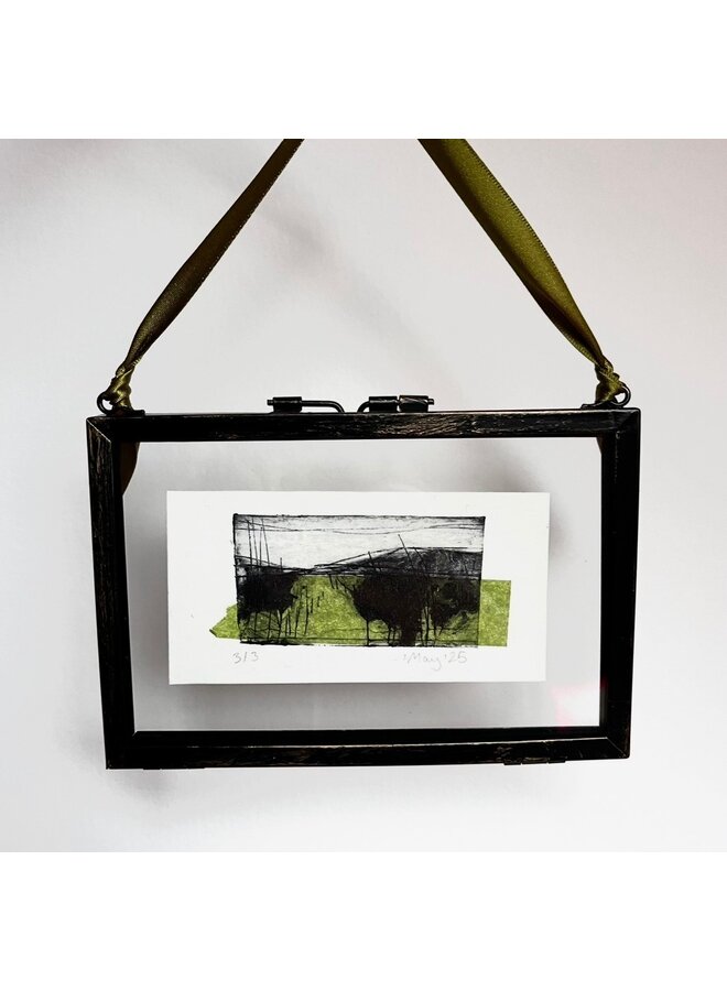 Green Field  Drypoint in hanging glass frame3/3