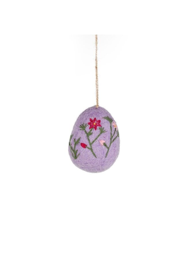 Décoration suspendue en feutrine représentant un grand œuf de Pâques à motif floral violet 51