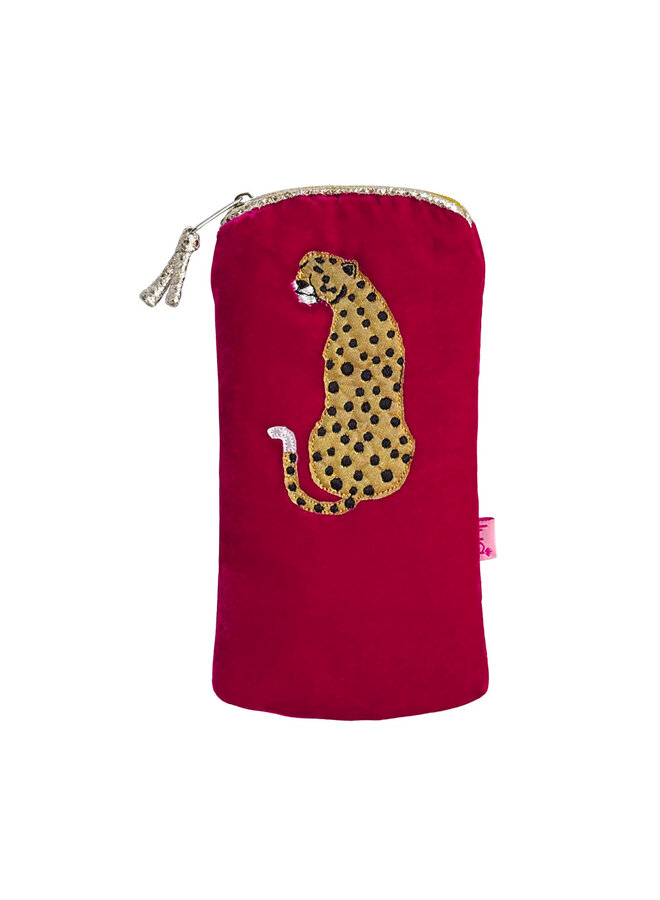 Sac à lunettes en velours rose fuchsia à motif léopard 146