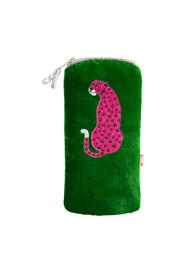 Monedero para gafas de terciopelo con estampado de guepardo verde hierba 145